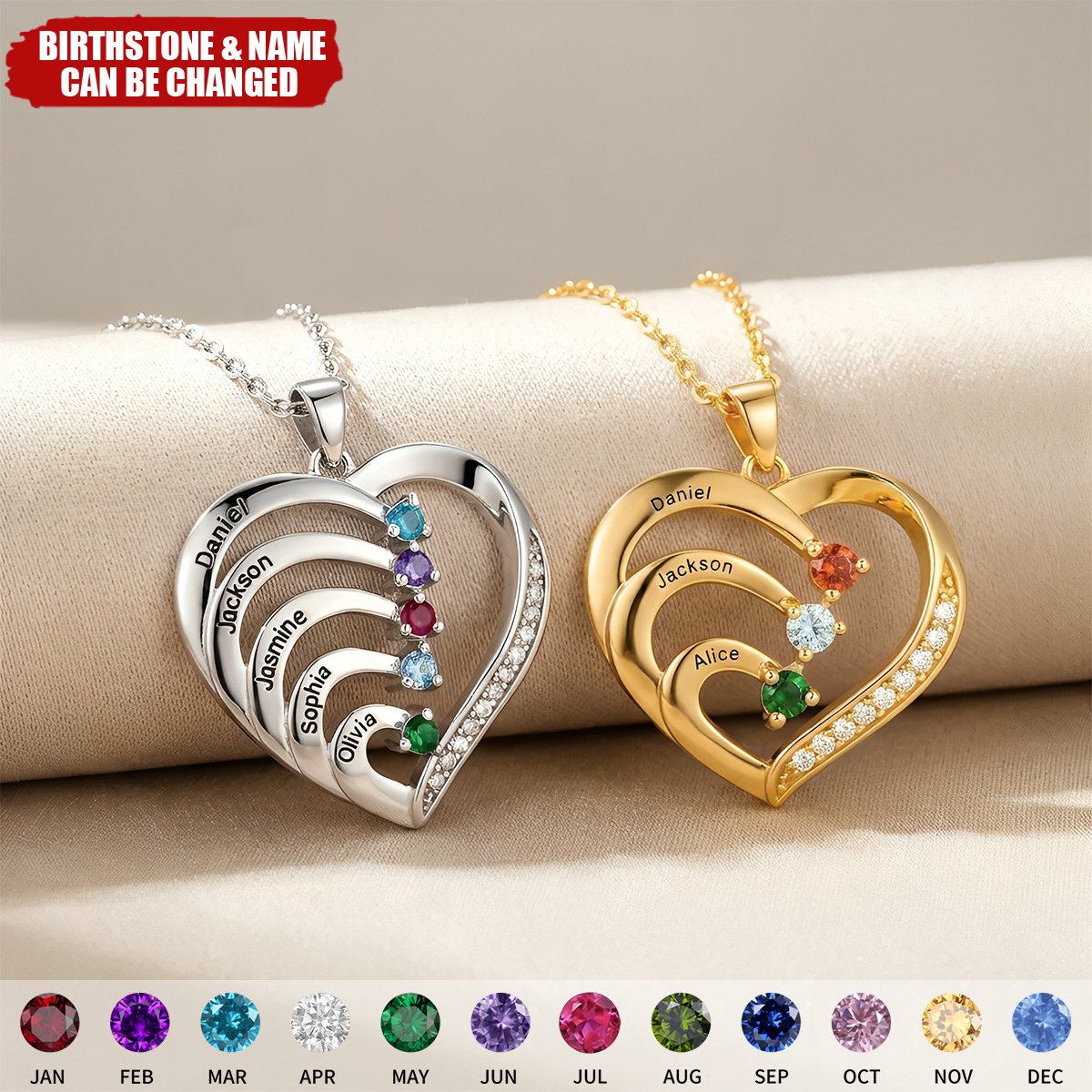 Family Birthstone Heart Pendant