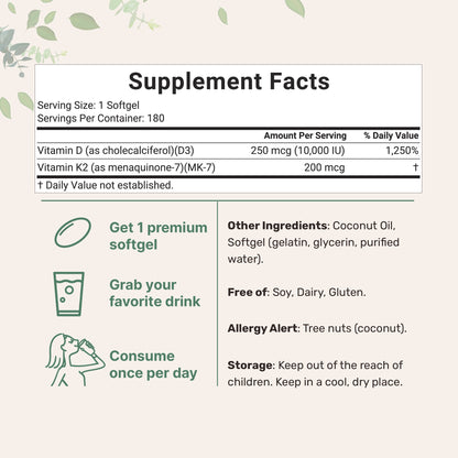 Vitamin D3 K2 Supplement Softgels