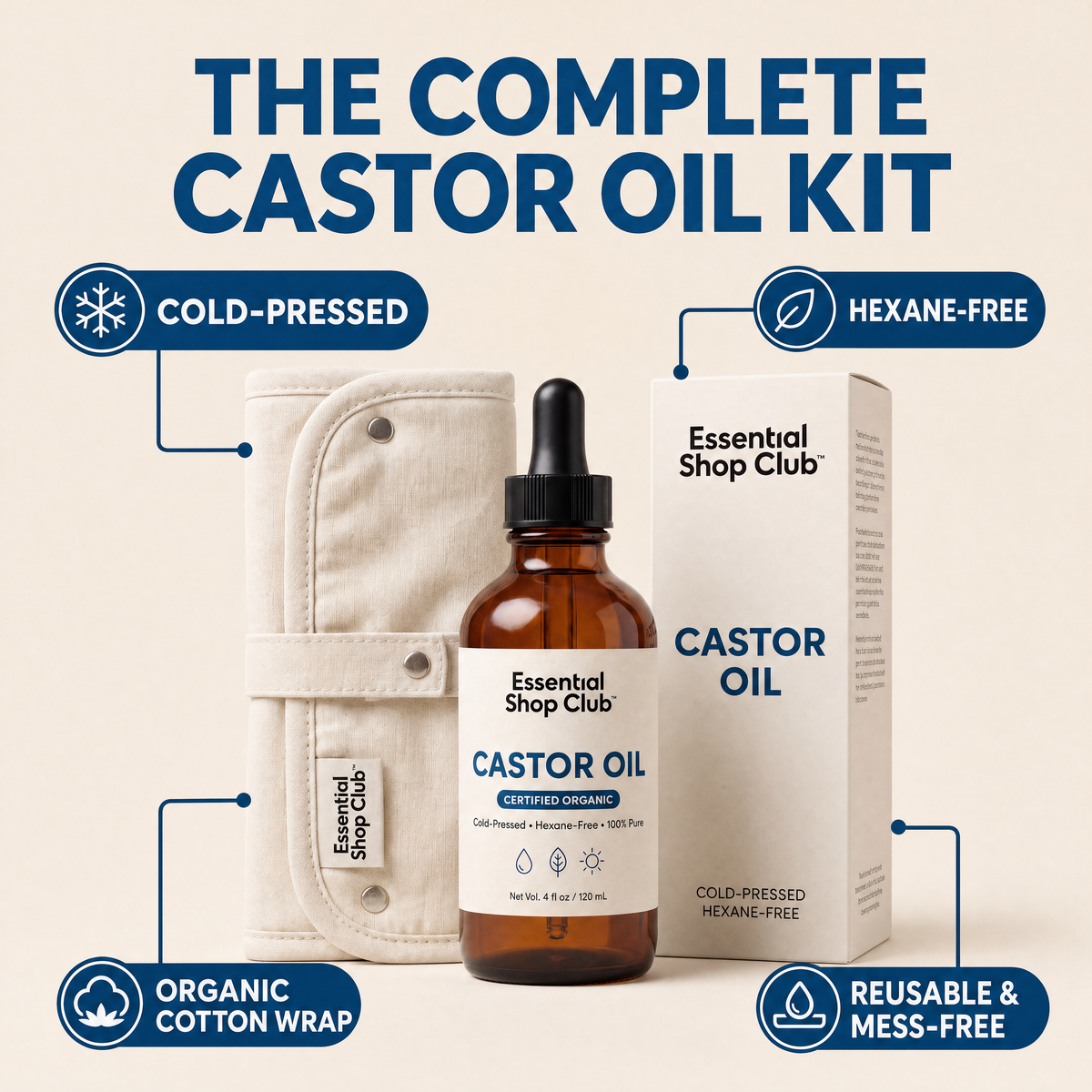 The complete castor oil kit: cold-pressed, hexane-free, organic cotton wrap, reusable