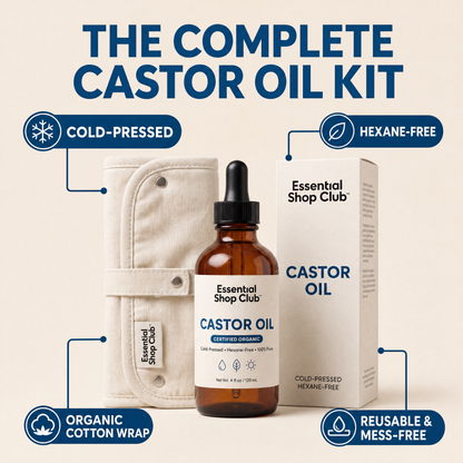 The complete castor oil kit: cold-pressed, hexane-free, organic cotton wrap, reusable