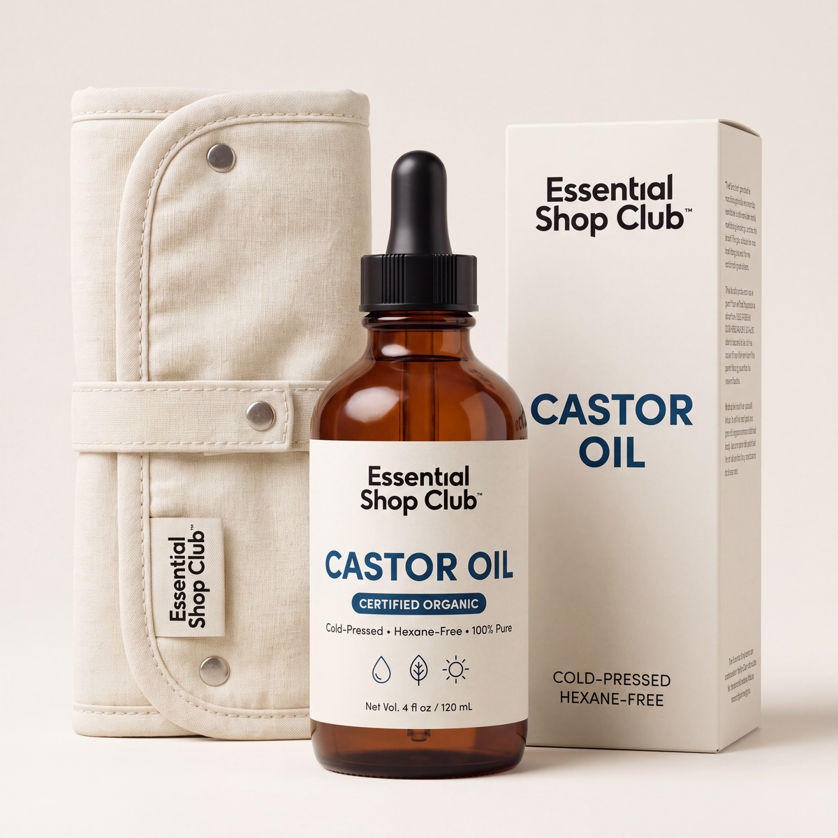 Essential Shop Club Castor Oil Pack Kit with organic castor oil, box and cotton wrap