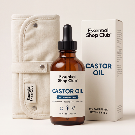 Essential Shop Club Castor Oil Pack Kit with organic castor oil, box and cotton wrap