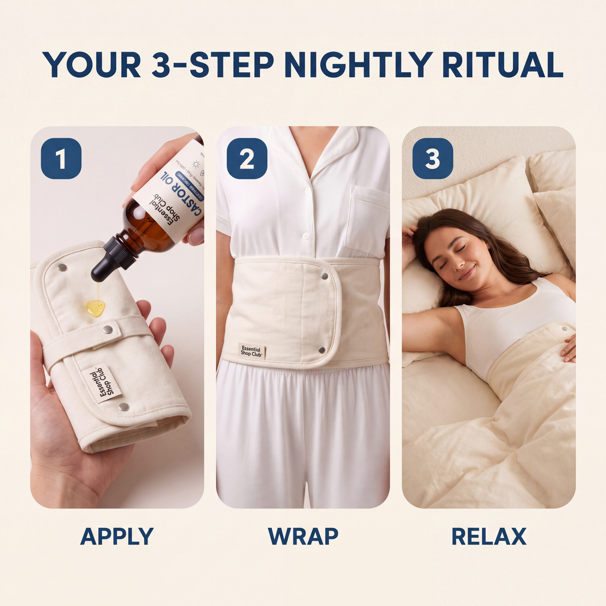 3-step nightly castor oil ritual: apply, wrap, relax