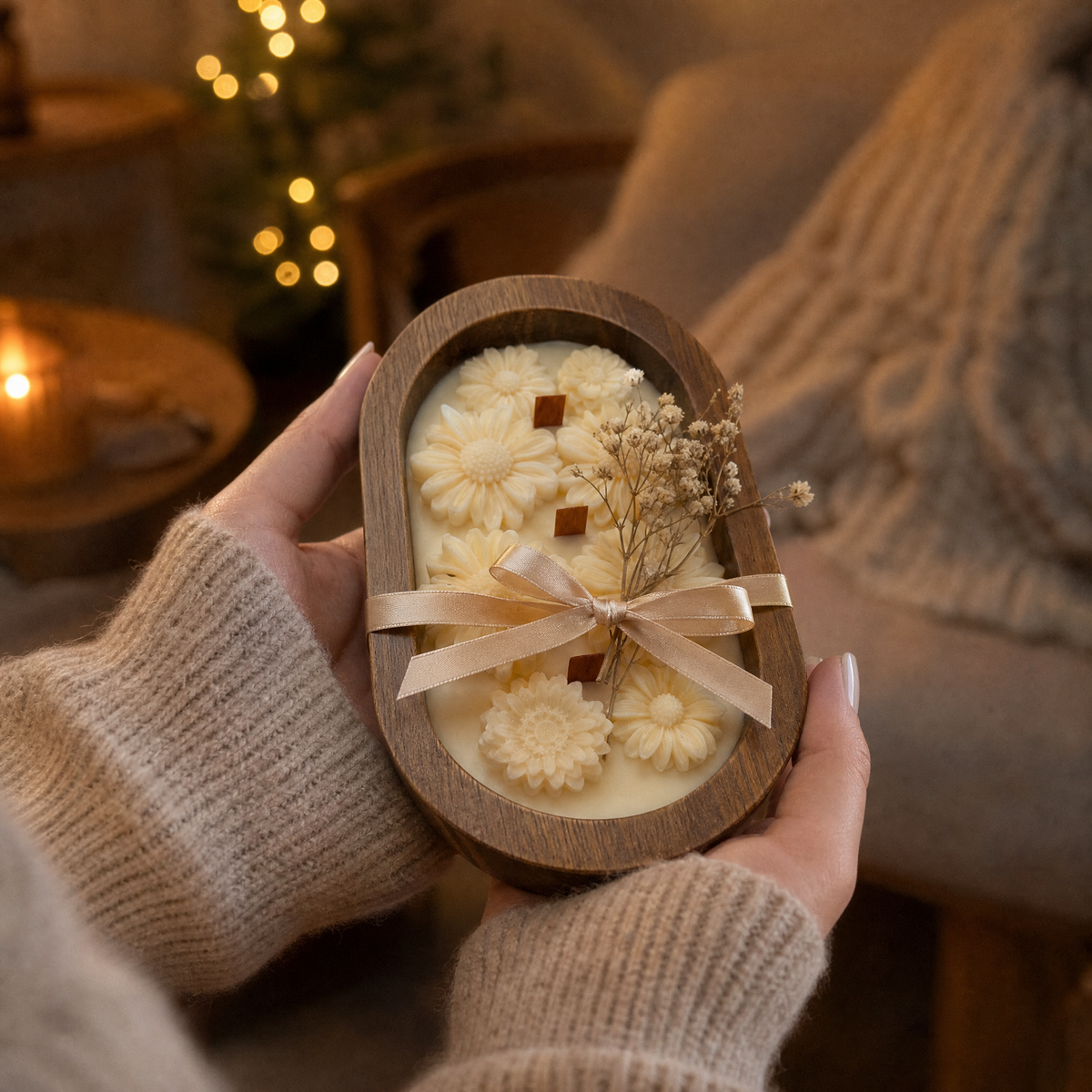 Daisy dough bowl candle tied with ribbon as a gift