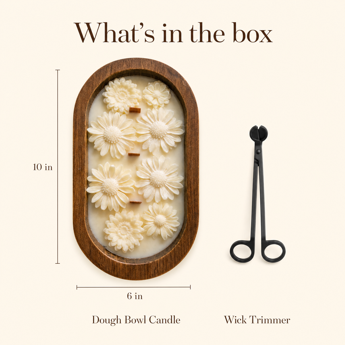 What is in the box: 10 x 6 inch dough bowl candle and wick trimmer