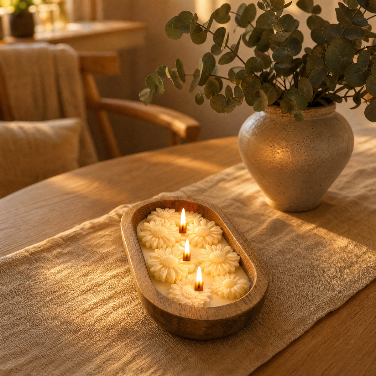 Lit daisy dough bowl candle as a dining table centerpiece